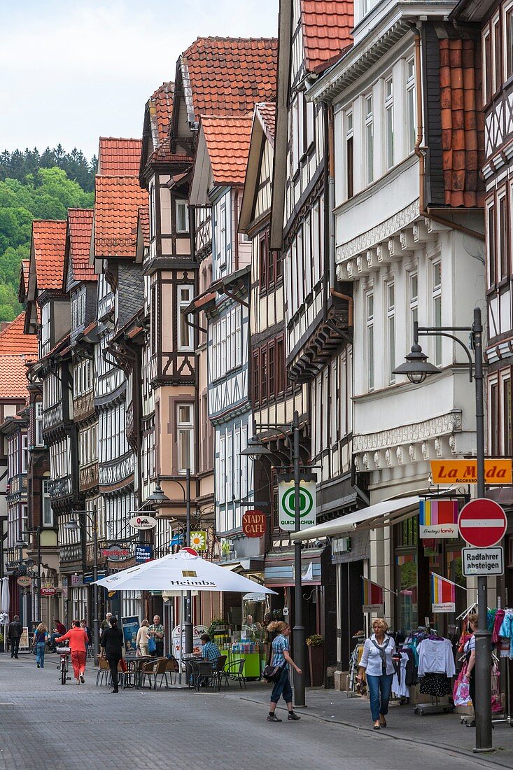 Row of timbered houses in Hannoversch Muenden on the German Fairy Tale Route, Lower Saxony, Germany, Europe