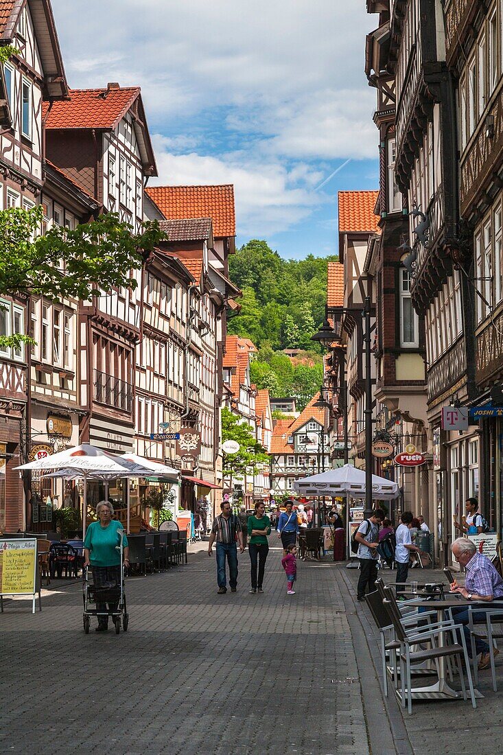 Row of timbered houses in Hannoversch Muenden on the German Fairy Tale Route, Lower Saxony, Germany, Europe