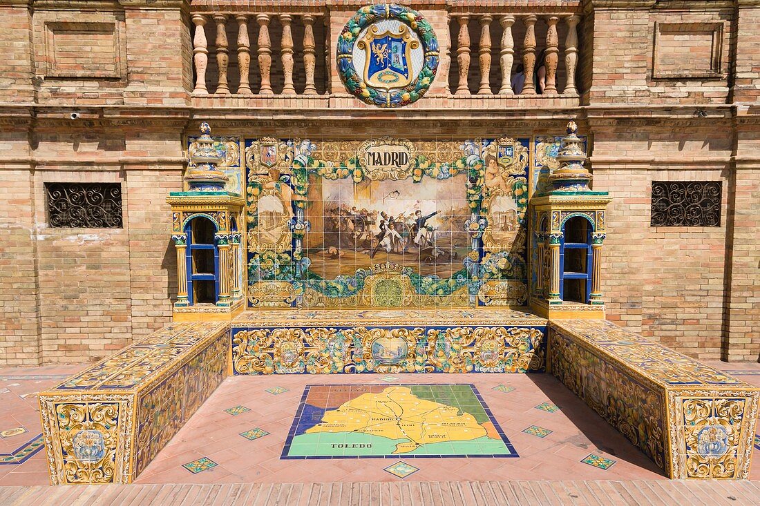 One of the tiled Province Alcoves along the walls of The Plaza de Espana, Spain Square, The Maria Luisa Park,Parque de Maria Luisa, Seville, Sevilla, Andalusia, Spain