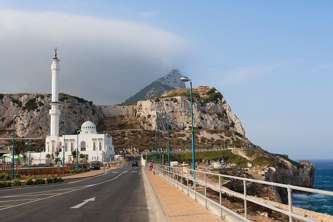 The Ibrahim al Ibrahim Mosque, the King Fahd bin Abdulaziz al Saud Mosque, the Mosque of the Custodian of the Two Holy Mosques against Rock of Gibraltar, Europa Point, Gibraltar