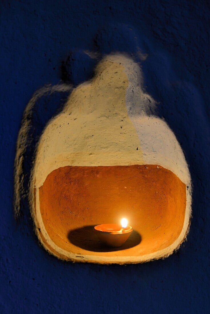 India, Rajasthan, Tonk region, Balopa village, Diwali festival, Oil lamp lit to welcome goddess Lakshmi.