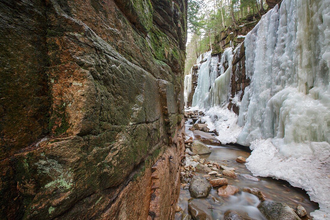 Franconia Notch State Park -Flume Gorge during the spring months in Lincoln, New Hampshire USA.
