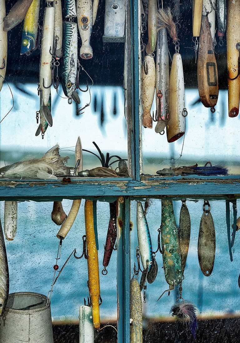 Hooks and lures in a fishing shack window, Menemsha, Chilmark, Martha´s Vineyard, Massachusetts