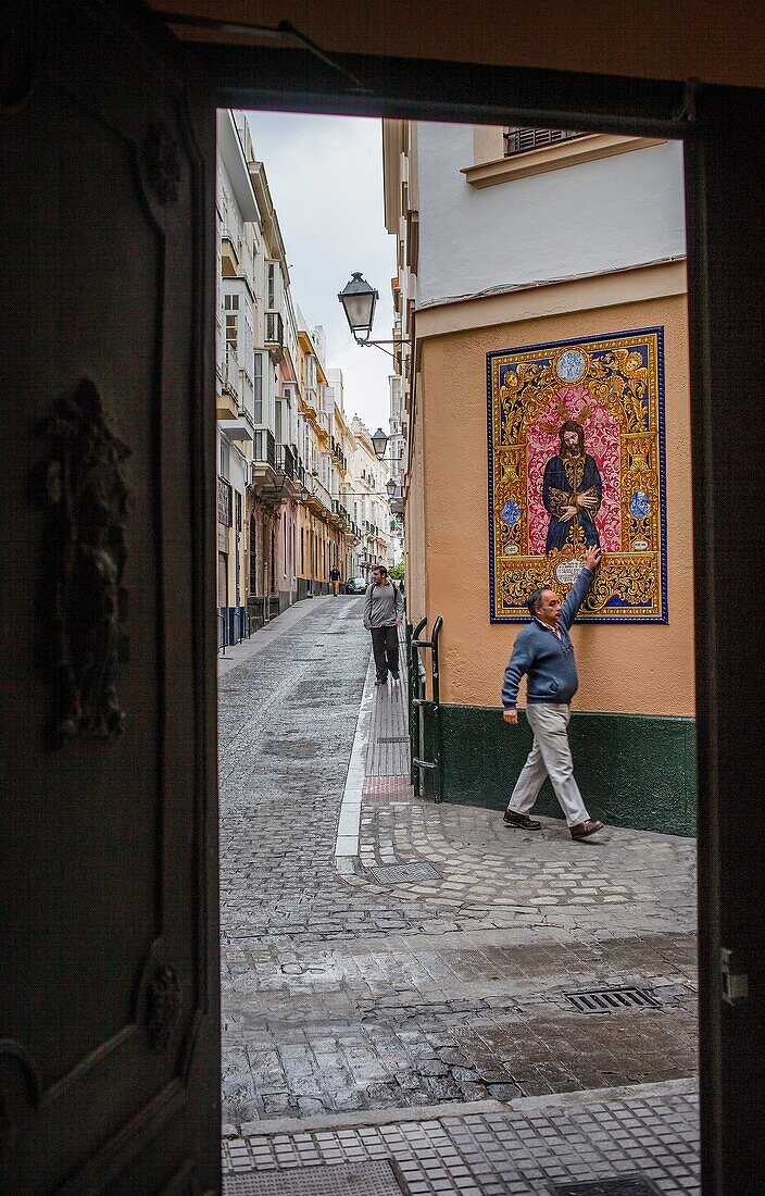 Zaragoza street at Benjumeda street  Picture of Jesus Christ on elaborate ceramics Cádiz, Andalusia, Spain