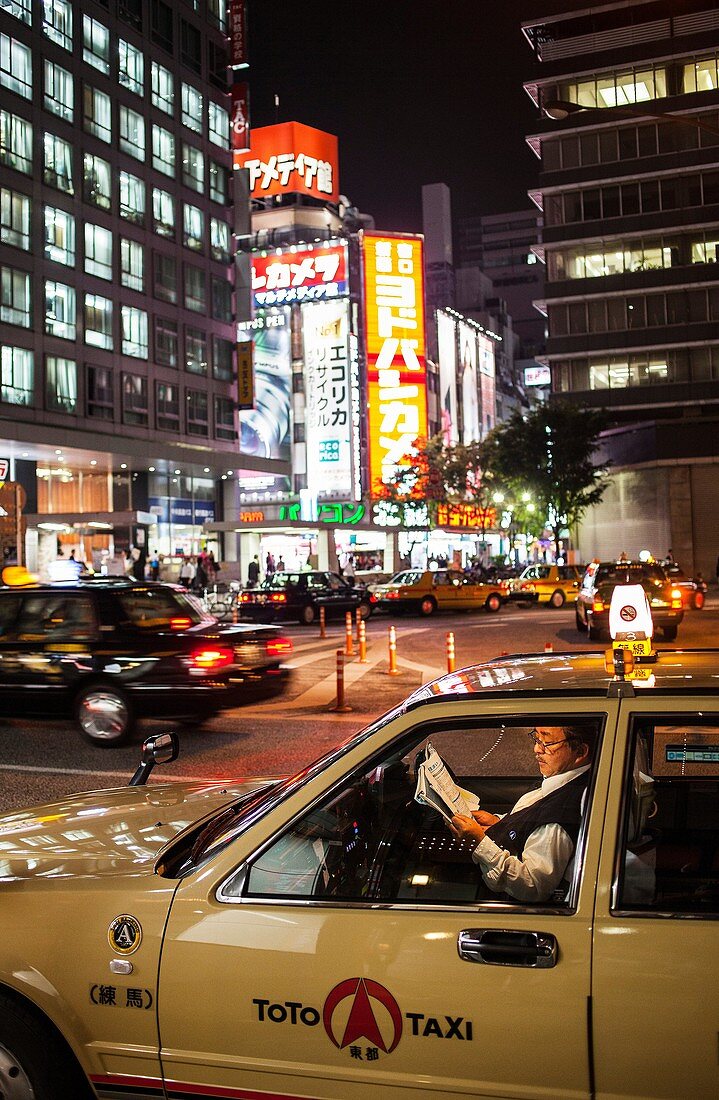 Taxi in front of Shinjuku station, Shinjuku, Tokyo City, Japan, Asia