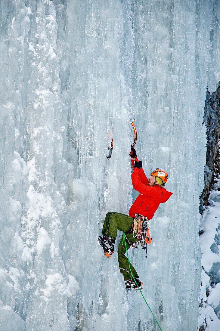McLean Worsham ice climbing Genesis which is rated WI-4 and located in Hyalite Canyon in the Gallatin Mountains near the city of Bozeman in southern Montana
