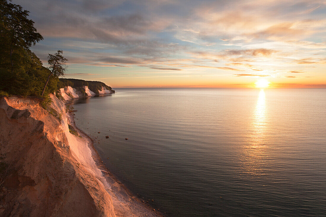 Chalk cliffs at sunrise, Jasmund National Park, Ruegen island, Baltic Sea, Mecklenburg Western-Pomerania, Germany