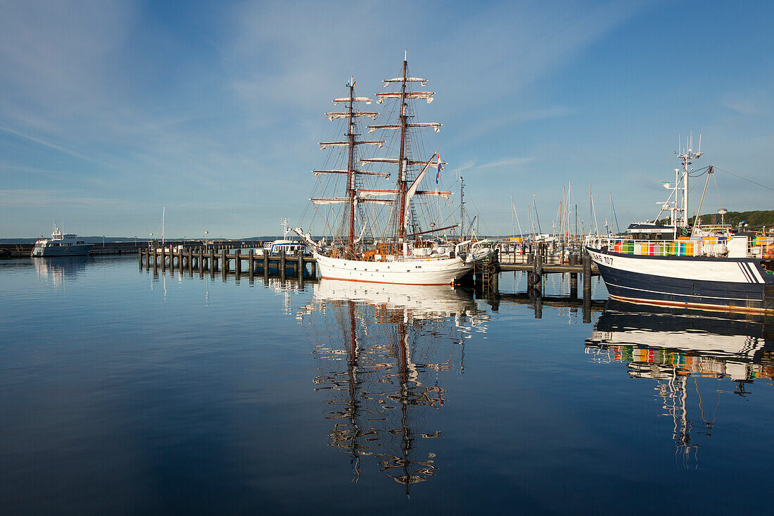 Sailing ship in the harbour, Sassnitz, Ruegen island, Baltic Sea, Mecklenburg Western-Pomerania, Germany
