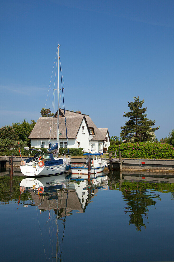 Houses at the harbour, Vitte, Hiddensee island, Baltic Sea, Mecklenburg Western-Pomerania, Germany