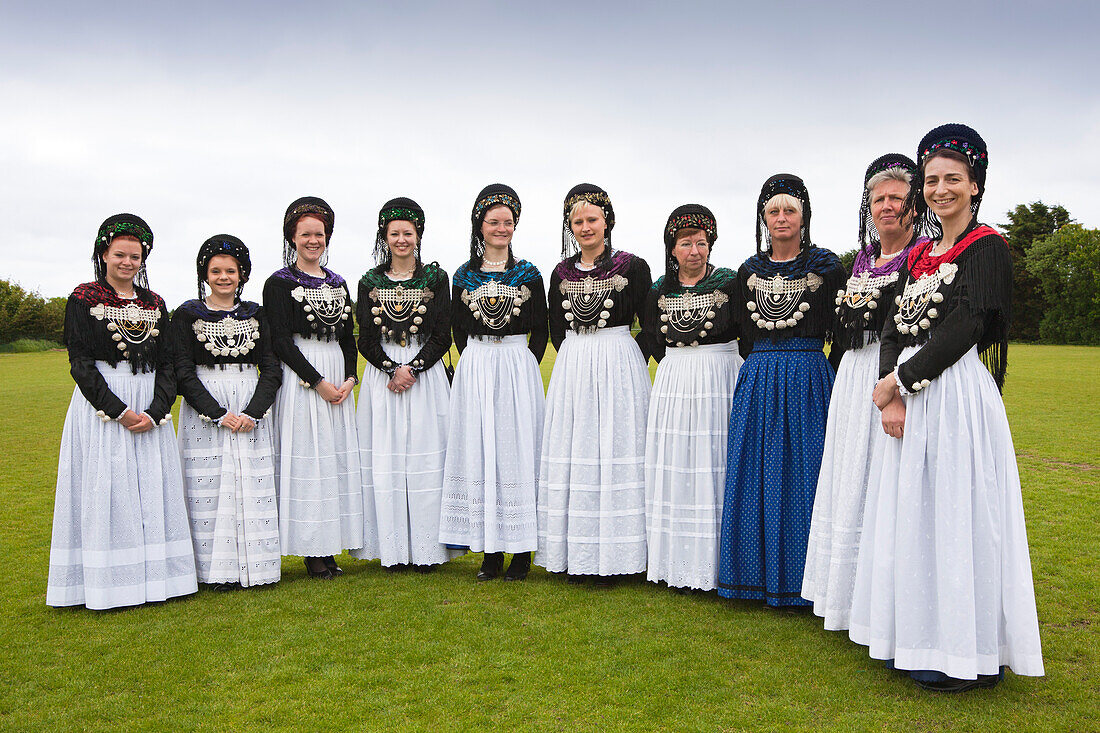 Women in traditional frisian costumes, Nebel, Amrum island, North Sea, North Friesland, Schleswig-Holstein, Germany