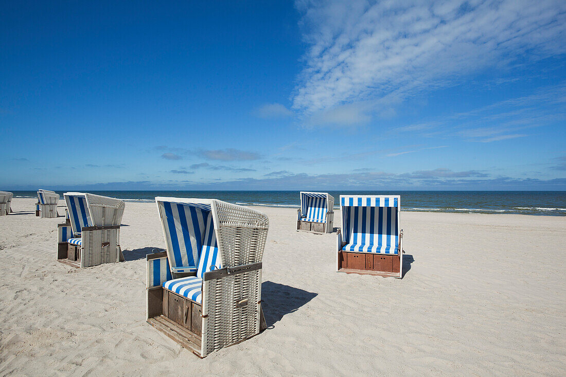 Beach chairs on the beach near Kampen, Sylt island, North Sea, North Friesland, Schleswig-Holstein, Germany