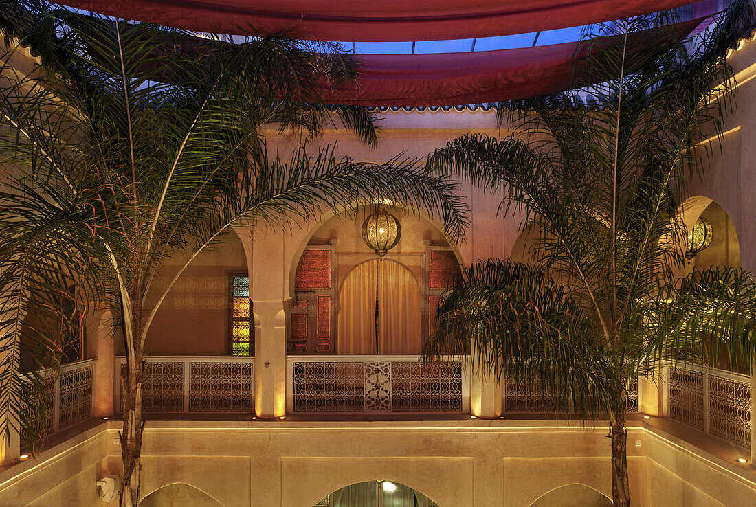 Inner courtyard by night, Riad Anayela, Marrakech, Morocco