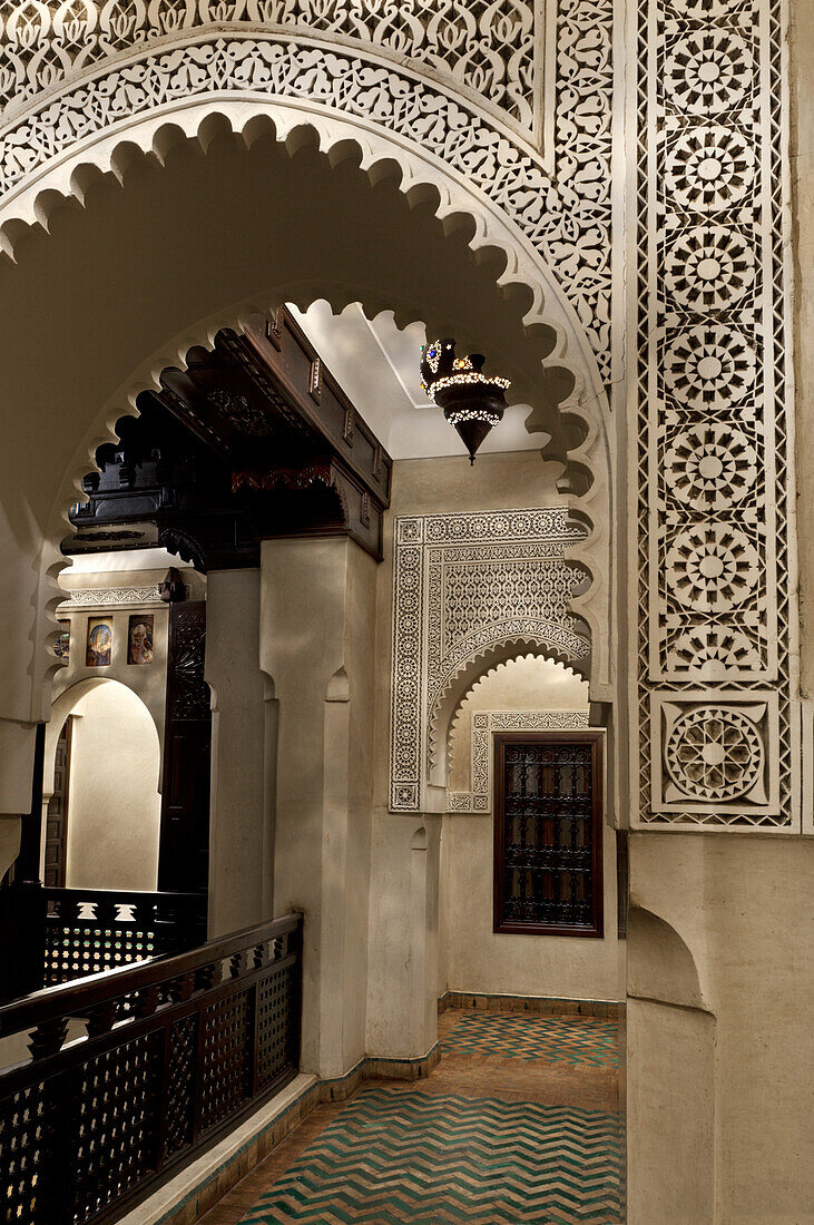 Trellaced arch on first floor gallery, Dar Les Cigognes, Marrakech, Morocco