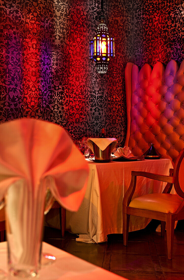 Moroccan dining room, Riad Farnatchi, Marrakech, Morocco