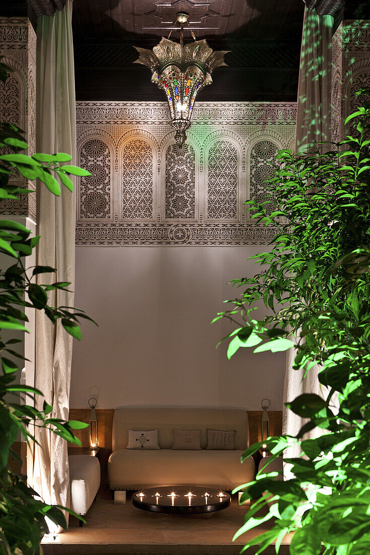 Courtyard by night, Riad Farnatchi, Marrakech, Morocco