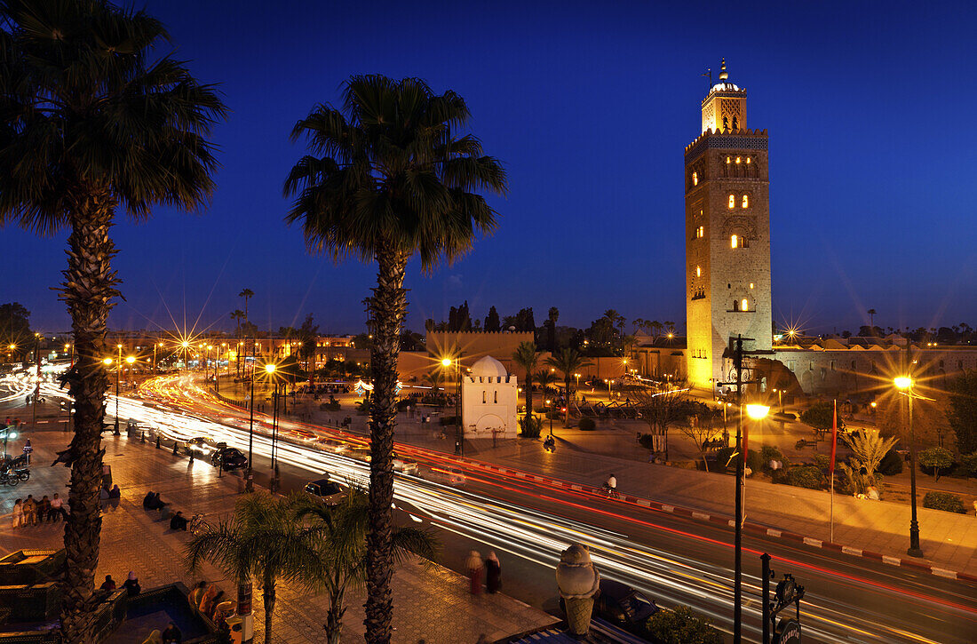 The Koutoubia Mosque on Avenue Mohammed V in the evening light, Marrakech, Morocco
