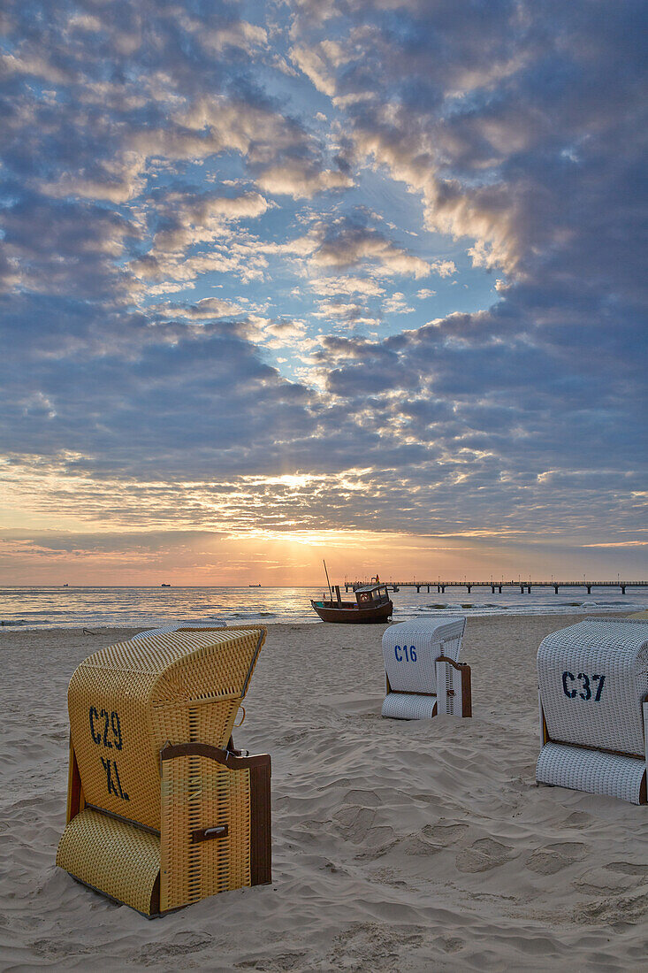 Fishing boat and beach chairs near Ahlbeck, Island of Usedom, Baltic Sea Coast, Mecklenburg Western Pommerania, Germany