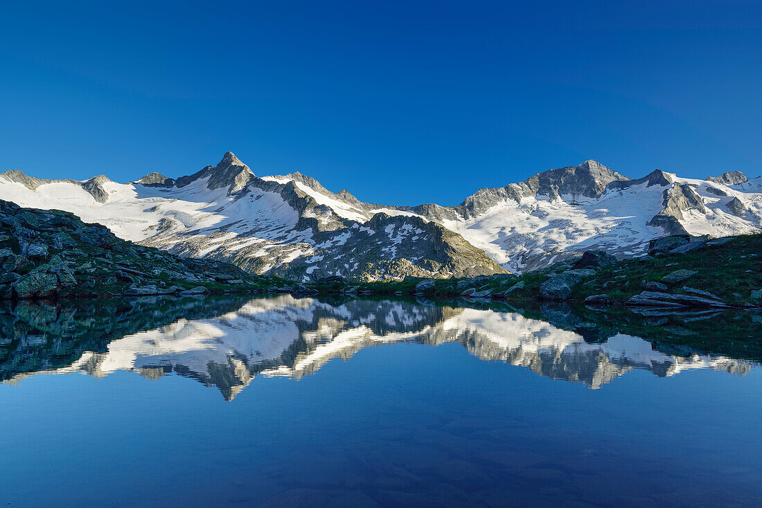 View over lake Schwarzsee to Dritte Hornspitze and Turnerkamp, Zillertal Alps, valley Zillertal, Tyrol, Austria