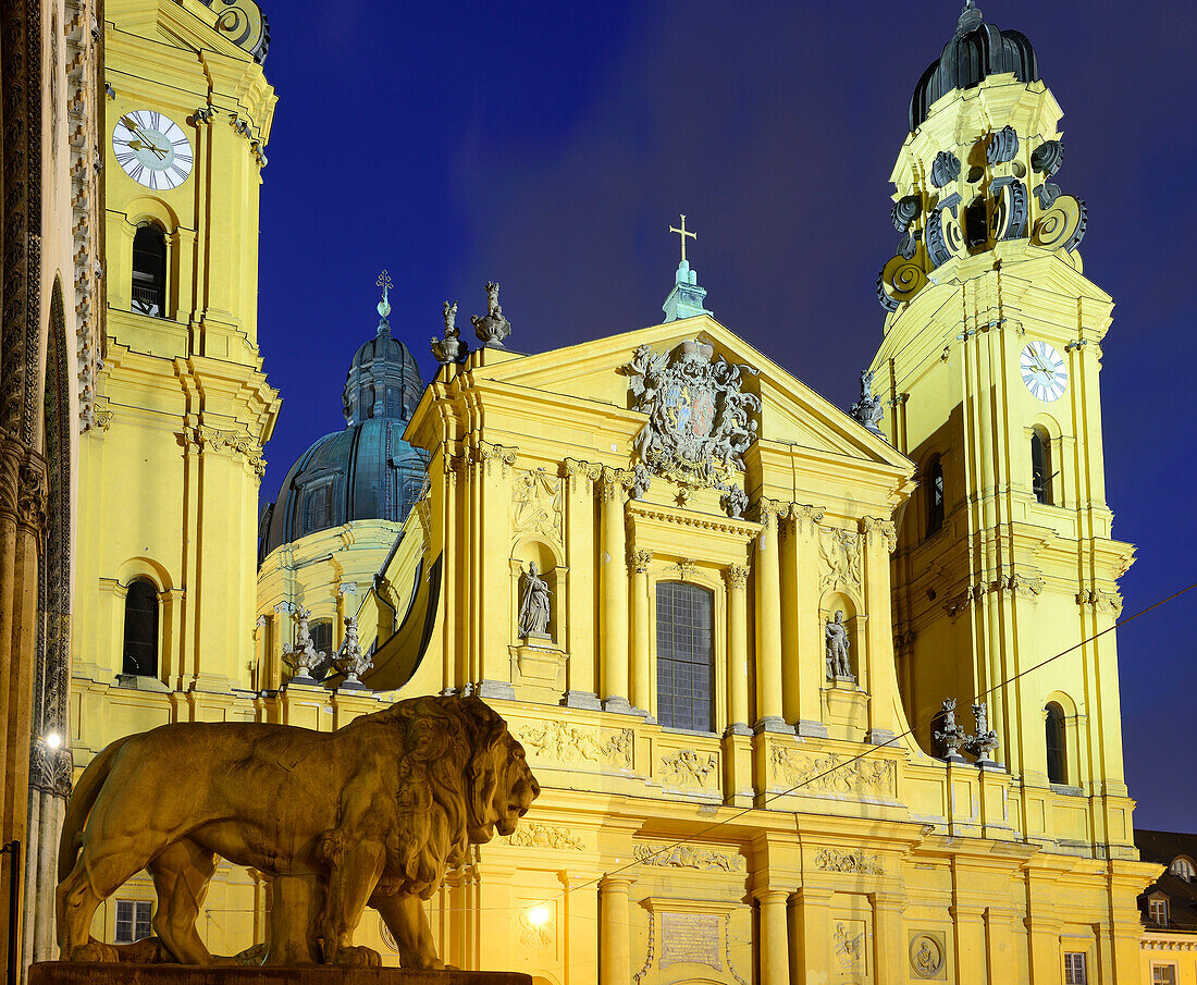 Illuminated Theatine Church, Odeonsplatz, Munich, Upper Bavaria, Bavaria, Germany