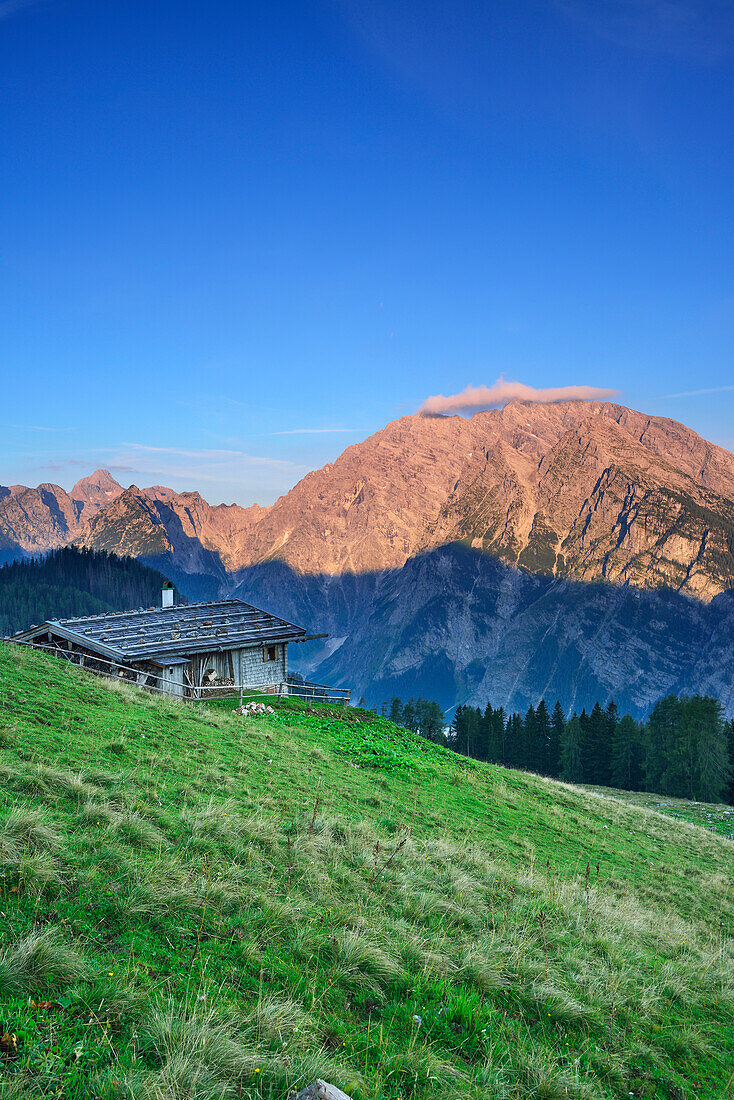 Almhütte vor Hundstod und Watzmann mit Watzmann-Ostwand, Jenner, Nationalpark Berchtesgaden, Berchtesgadener Alpen, Oberbayern, Bayern, Deutschland