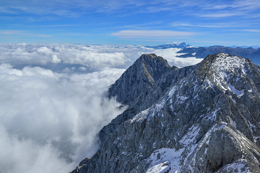 View from mount Hoher Goell over sea of fog in Salzach valley, Berchtesgaden National Park, Berchtesgaden Alps, Upper Bavaria, Bavaria, Germany