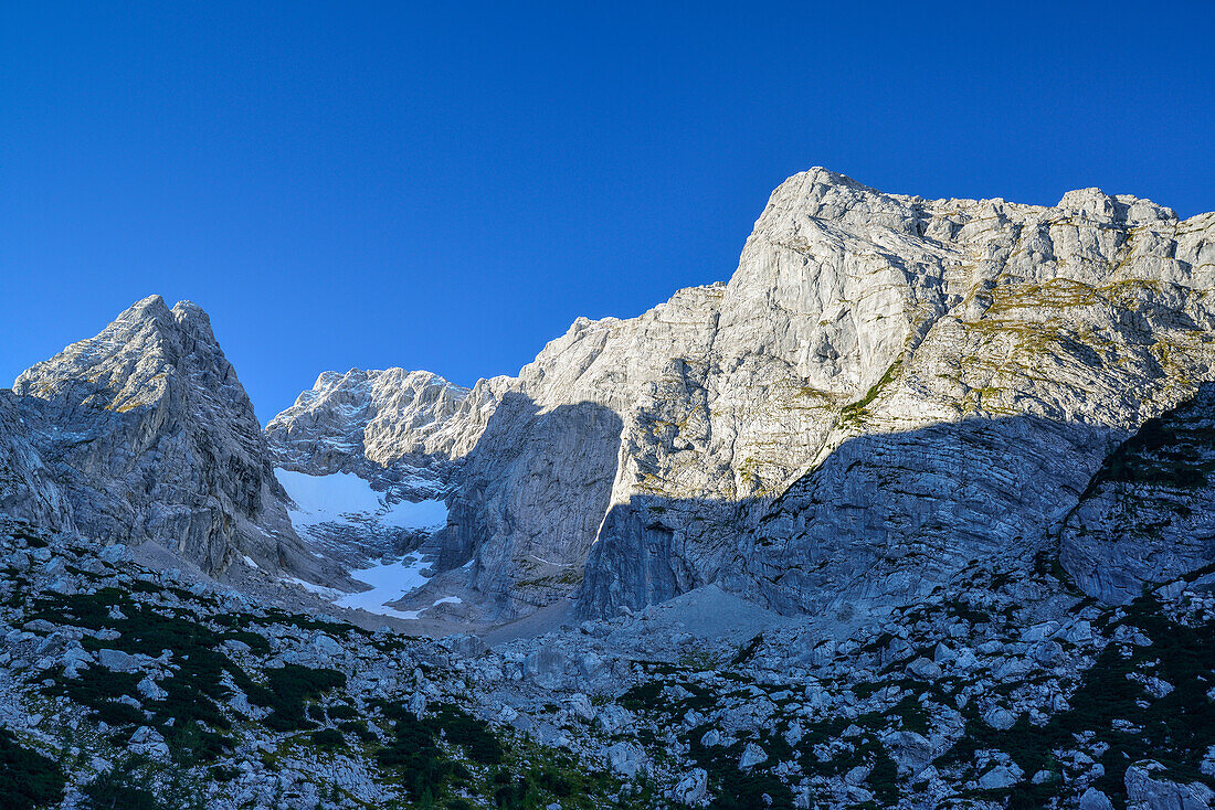 Gletscher Blaueis und Hochkalter, Nationalpark Berchtesgaden, Berchtesgadener Alpen, Oberbayern, Bayern, Deutschland
