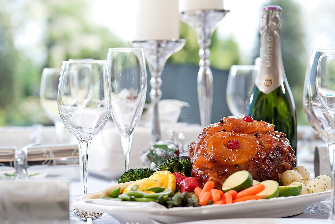 Glazed gammon on table setting