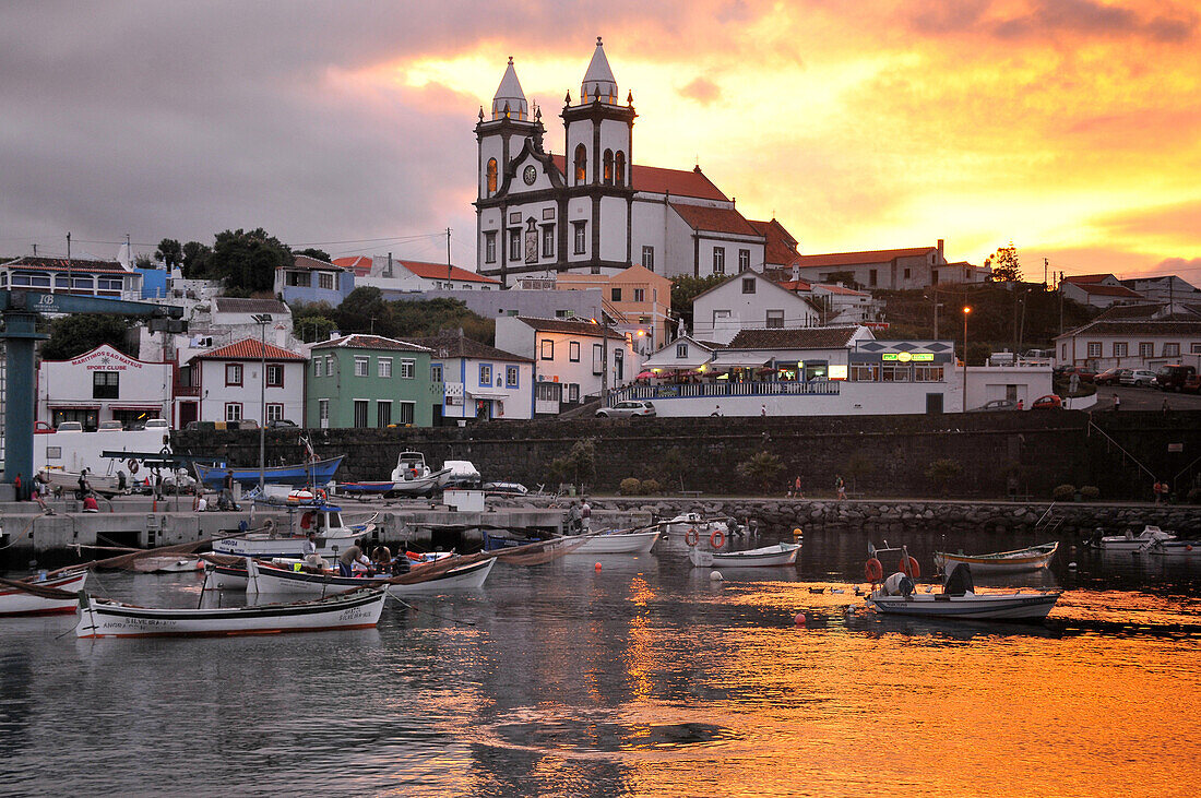 At the harbour of Sao Mateus near Angra do Heroismo with view of the cathedral, Island of Terceira, Azores, Portugal