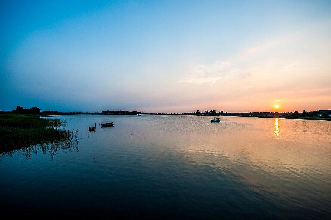 Sunset on the island of Ummanz, island of Ruegen, Mecklenburg-Western Pomerania, Germany