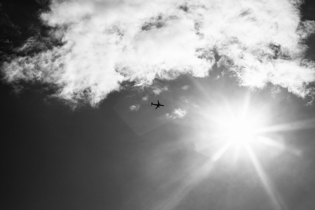 Airplane Flying Towards Sun, Low Angle View