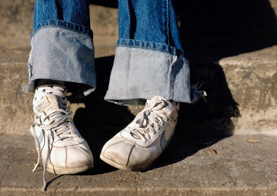 Sneakers of Girl Sitting on Steps, Outdoor