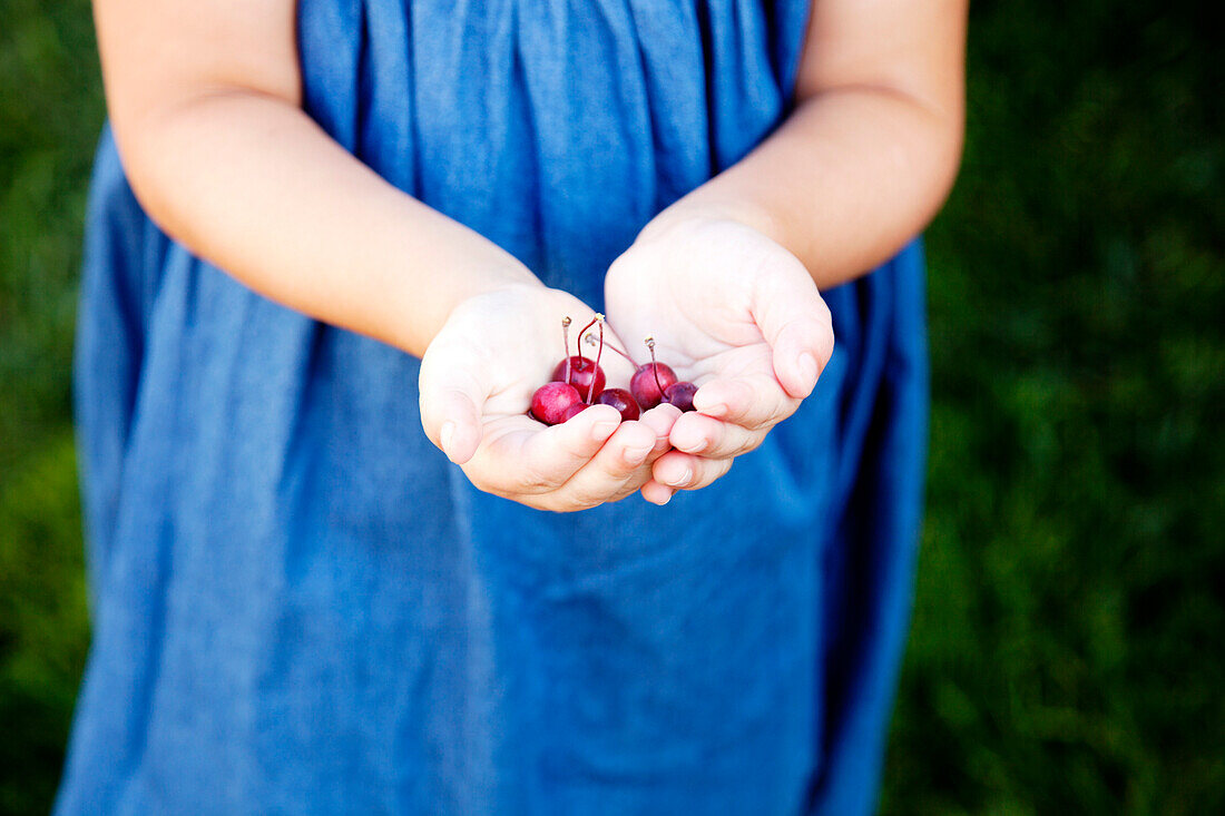 Young Girl Holding Berries in Palm of Hands