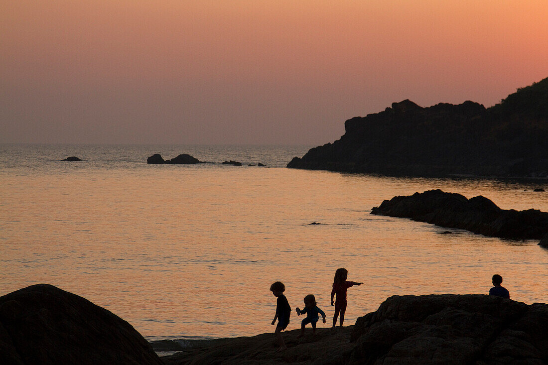 Children Playing on Beach, Silhouette, Goa, India