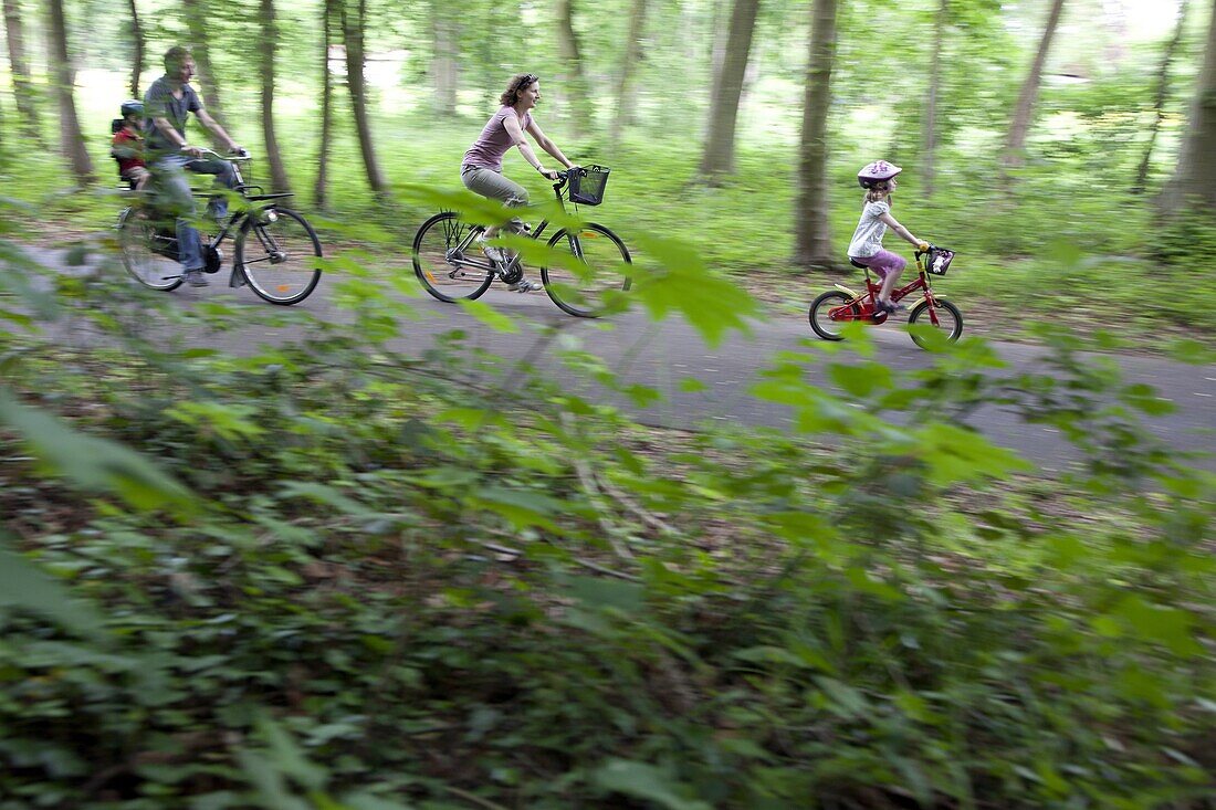 Cycling With The Family On The Bike Path Along The Paris-Mont Saint Michel Route, Chartres (28), Eure-Et-Loir, France