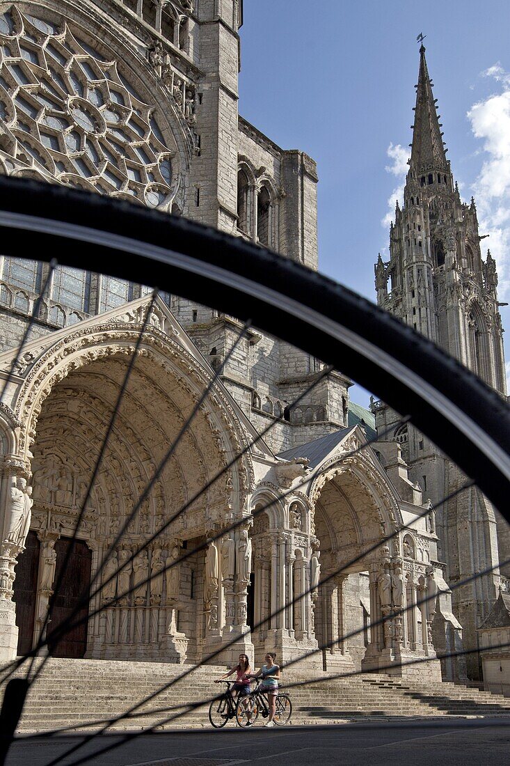 Bicycle Tourists In Front Of The Cathedral, Chartres, Eure-Et-Loir (28), France