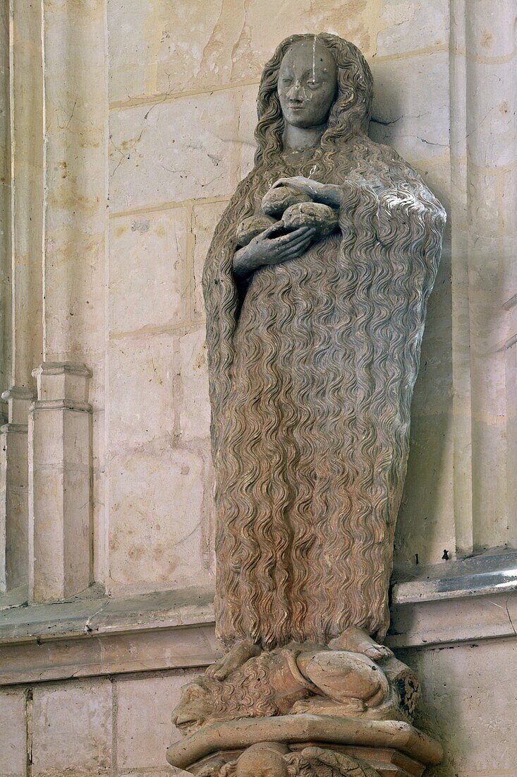 Statue Of Saint Marie The Egyptian With Her Thick, Long Hair And Holding Three Buns, The Interior Of The 15Th Century Holy Chapel At The Chateau De Chateaudun, Eure-Et-Loir (28), France