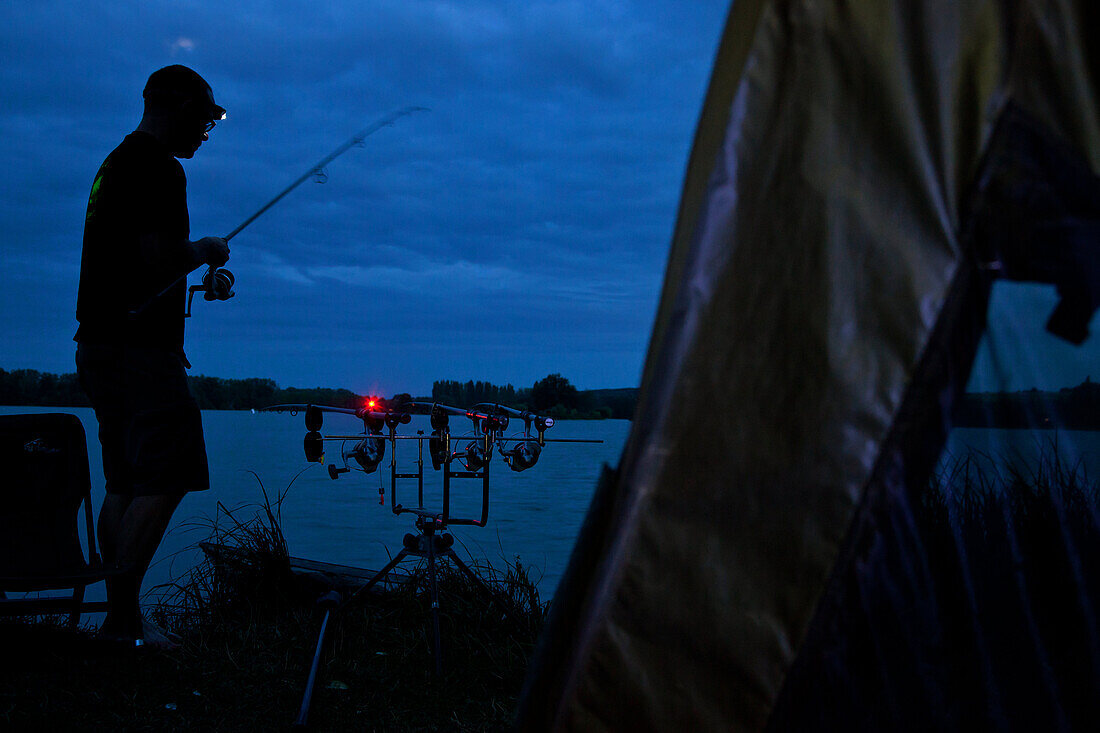 Carp Fishing At Night, Lake In Mezieres-Ecluizelles, Eure-Et-Loir (28), France