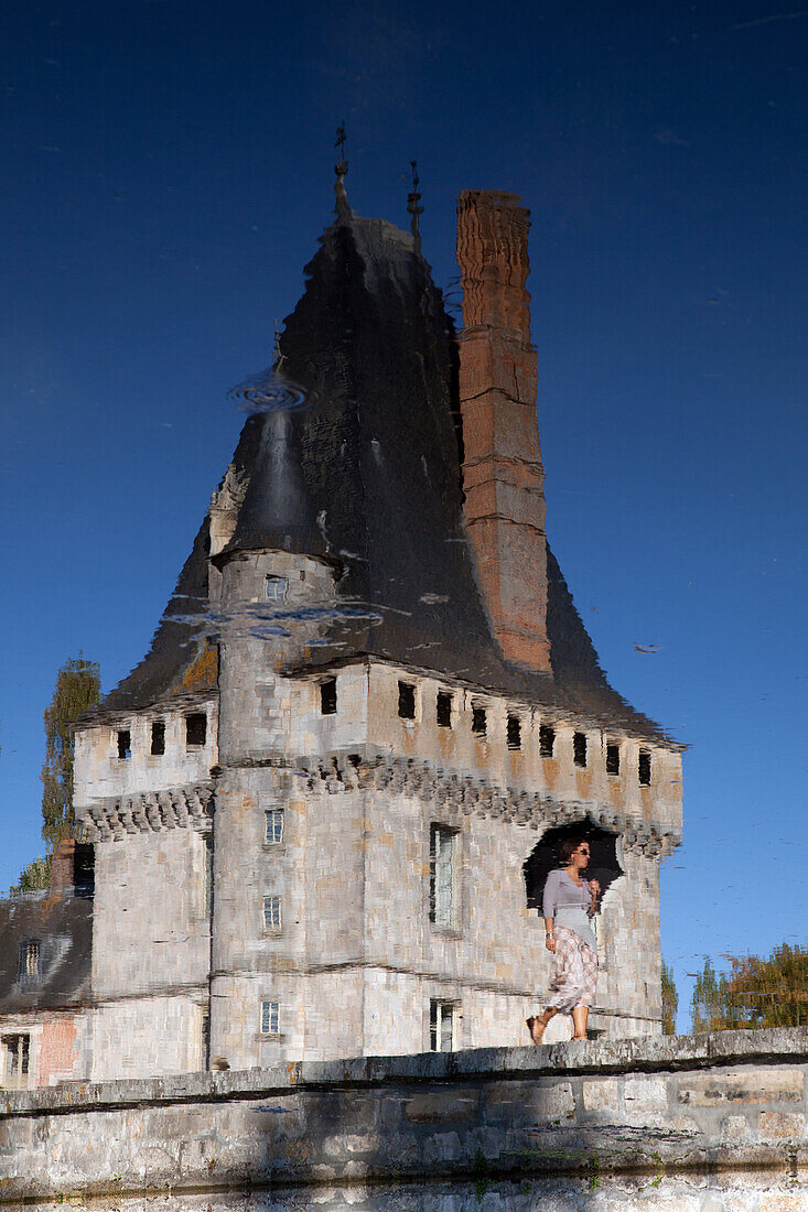 Women With A Parasol Strolling Near The Chateau'S Tower, Reflection In The Water Of The Ponds At The Chateau De Maintenon, Eure-Et-Loir (28), Centre, France