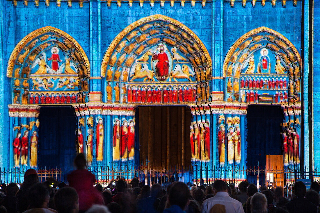 New Scenography On The Royal Door Of The Cathedral Staged By 'Spectaculaires, Allumeurs D'Images', Chartres In Lights, Eure-Et-Loir (28), France