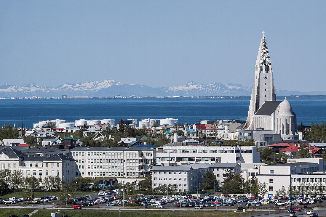 General View Of Reykjavik City Centre And Hallgrimskirkja Cathedral With, In The Background, The Sea And The Town Of Akranes, Reykjavik, Iceland