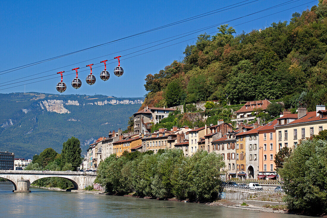 View Of The Quays On The Isere And The Bubbles Linking Grenoble To The Bastille, Grenoble, Isere, Rhone-Alpes, France