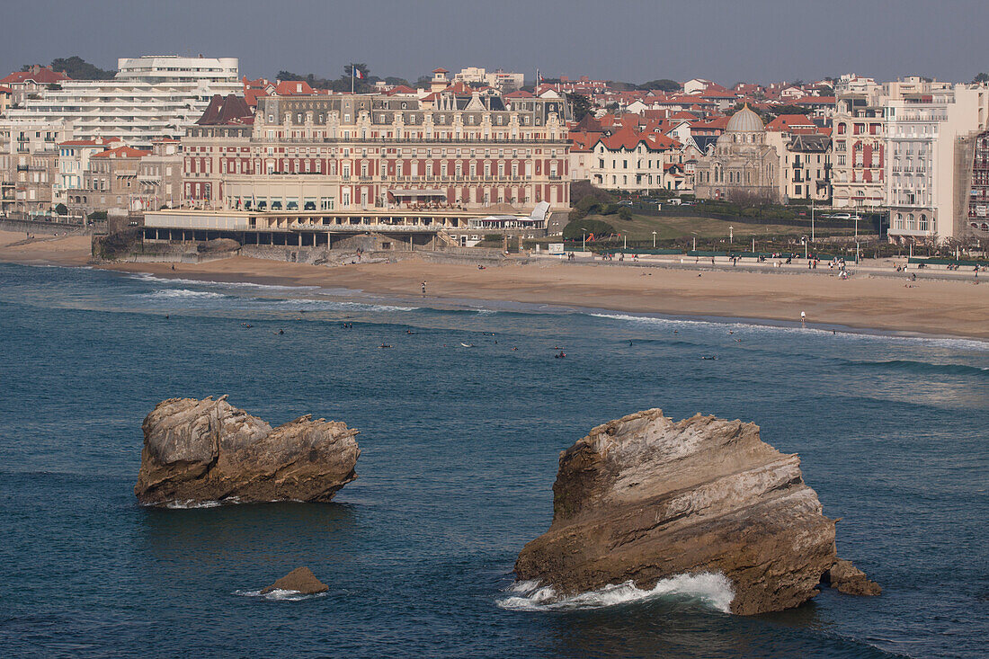 View Of The Cote Des Basques Beach In Biarritz With The Hotel Du Palais In The Background And To The Right The Russian Church Of Saint-Alexandre Nevsky And The Protection Of The Mother Of God, Biarritz, Basque Country, Pyrenees-Atlantiques (64), Aquitaine
