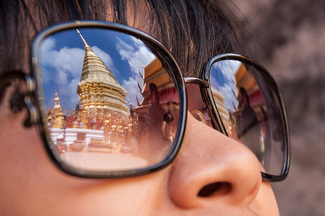 Golden Chedi, Or Stupa, At The Wat Phra That Doi Suthep Temple, Reflection In Sunglasses, Chiang Mai, Thailand, Asia