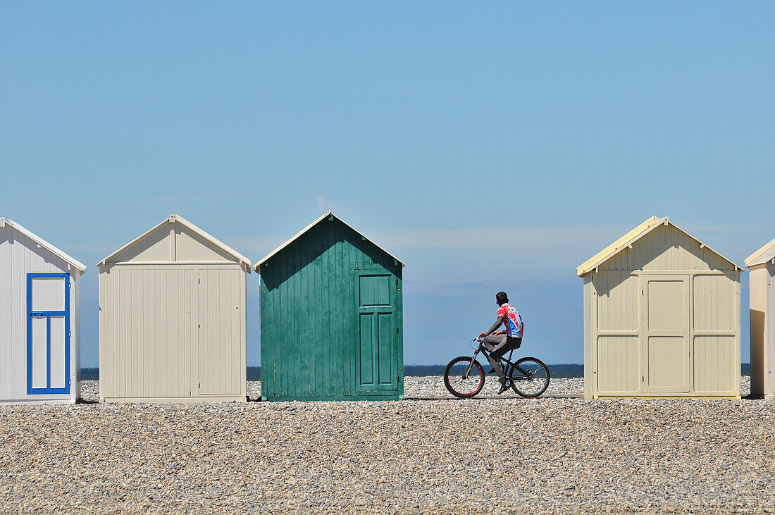 Cyclist Near Some Beach Huts, Beach Of Cayeux-Sur-Mer, Bay Of Somme, Somme (80), France