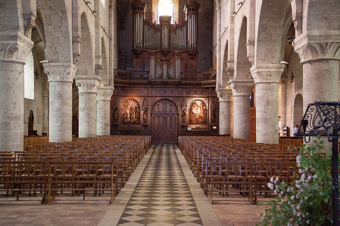 Nave, Wooden Altarpiece And Organ In The Abbey Church Of Notre-Dame In Beaugency, Loiret (45), France