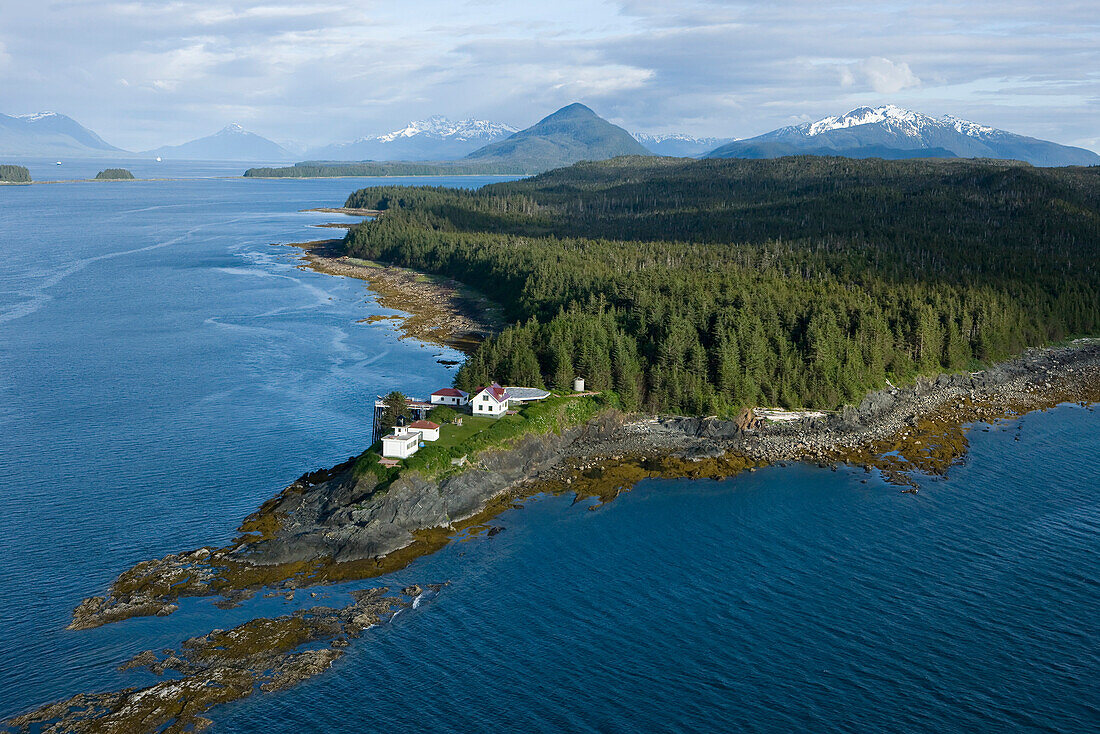 Aerial View Of Point Retreat Light House At The Tip Of Mansfield Penninsula With Admiralty Island In The Background, Southeast, Alaska