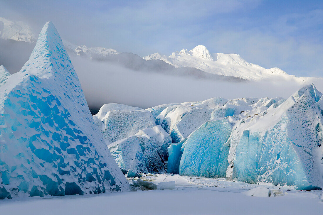 Closeup Of Blue Ice & Icebergs Frozen In Mendehall Lake W/Glacier Southeast Alaska Winter