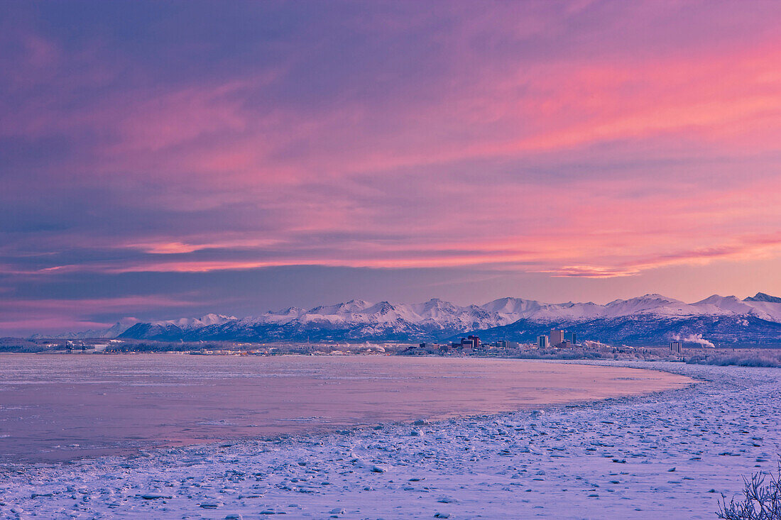 Panorama View Of The Anchorage Skyline Just Before Dawn As Seen From Earthquake Park During Winter, Southcentral Alaska