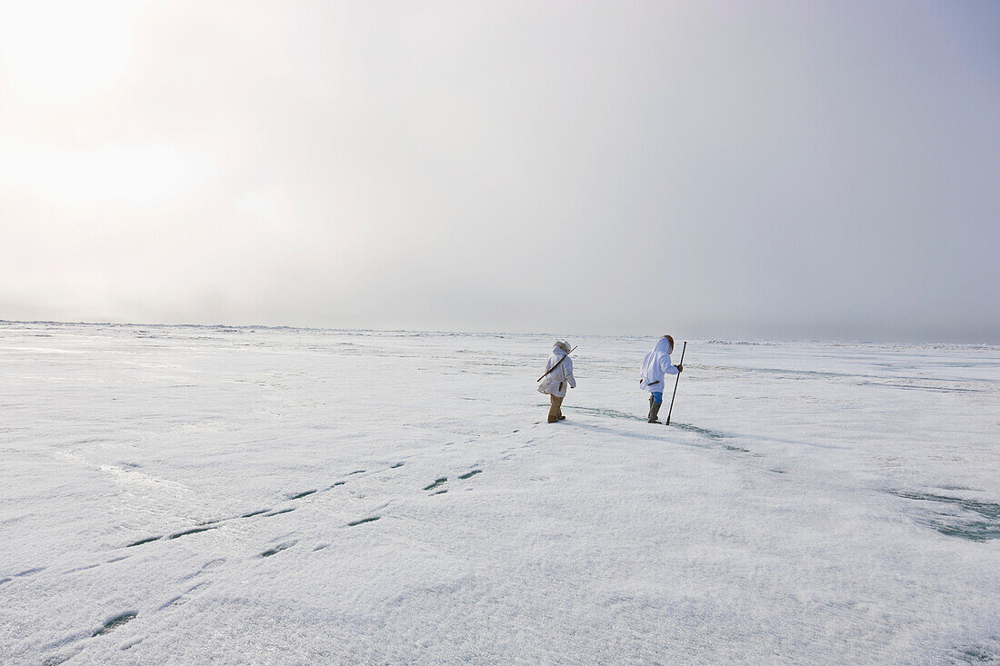 Two Inupiaq Eskimo Hunters Wearing Their Eskimo Parka's (Atigi) Carry A Rifle And Walking Stick While Walking Over The Shore Ice Along The Chukchi Sea, Barrow, Arctic Alaska, Summer