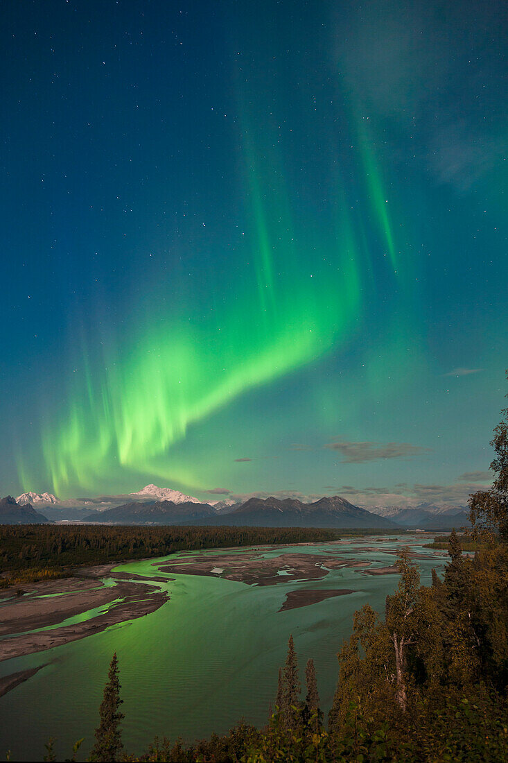 Northern Lights Above Mount Mckinley And The Chulitna River During A Full Moon, Seen From The Parks Highway Overlook, Denali State Park, Alaska, Autumn